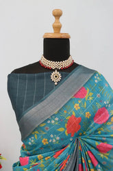 Linen Digital Print Sky Blue Saree With Unstiched Blouse Piece-MPHL-31-SKY